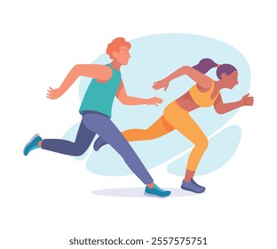 Man and Woman Athlete Running Long Distance Marathon Vector Illustration