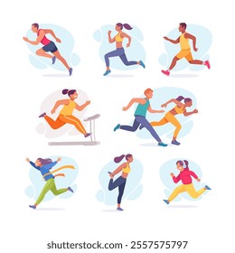 Man and Woman Athlete Running Long Distance Marathon Vector Illustration Set