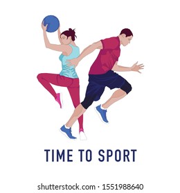 Man and woman are athletes. The man is running. A woman is playing with a ball. Vector illustration isolated on white background. 