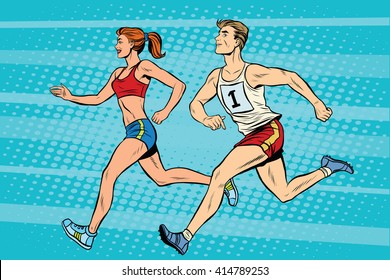 Man woman athletes running track and field summer games