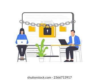 A man and woman attempt to unlock a secure document folder on a computer, illustrating the concept of a ransomware attack. Flat design vector illustration.