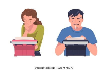 Man and woman authors typing on retro typewriters. Journalists using old styled classic typewriter cartoon vector illustration