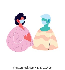 man and woman avatar cartoon with mask and pullover design of Medical care and covid 19 virus theme Vector illustration