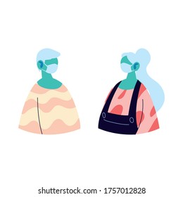 man and woman avatar cartoon with mask and pullover design of Medical care and covid 19 virus theme Vector illustration