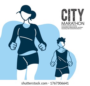 man and woman avatar running and 10k city marathon design, athlete training and fitness theme Vector illustration