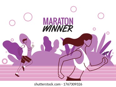 man and woman avatar running on track vector design design, Marathon athlete training and fitness theme Vector illustration