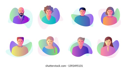 Man woman avatar set on dynamic modern liquid element graphic gradient flat style design fluid vector colorful illustration simple abstract shapes. Male female vector isolated. EPS10