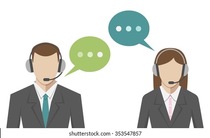 Man and woman avatars in call center, flat style. Technical support operators portraits with headsets and speech bubbles. EPS 8 vector illustration, no transparency