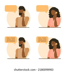 Man and woman avatars for support, assistance, call center. Swarthy people speak on cell phone. Personal assistant. Vector flat illustration