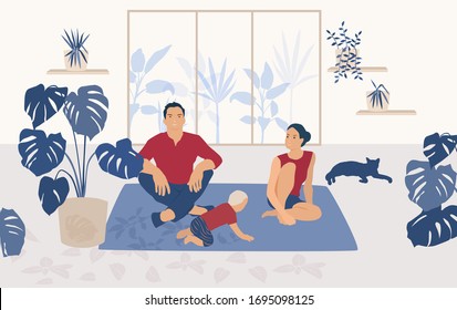 Man, woman, baby and cat are resting in the house, a young family with a child. Color vector illustration in a flat cartoon style