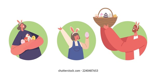 Man, Woman and Baby Holding Painted Eggs Isolated Round Icons or Avatars. Happy Family Prepare for Easter Holiday Celebration. Mother, Father and Little Child Cartoon People Vector Illustration