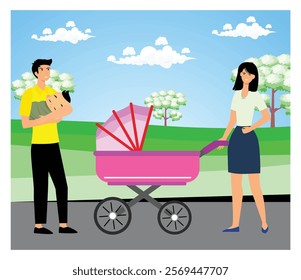 A man and woman with a baby and stroller enjoying a beautiful sunny day in the park. The scenic landscape features green trees, a blue sky, and a relaxed family atmosphere.