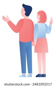 Man and woman from back. Couple waving with hands to someone. Characters for posters and banners, graphic elements. Cartoon flat vector illustration isolated on white background. Vector illustration