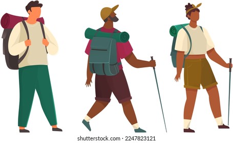 Man and woman with backpack going camping together. Group of hiker people with hiking sticks and karemats isolated. Joyful tracking persons. Outdoor travelling and nature camping, tourism activity