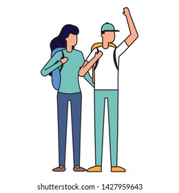 man and woman with backpack hands up vector illustration
