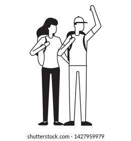 man and woman with backpack hands up vector illustration