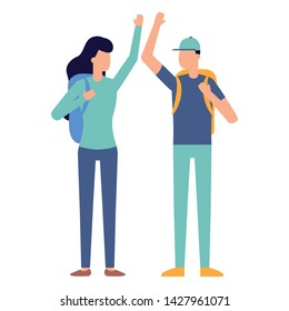 man and woman with backpack hands up vector illustration