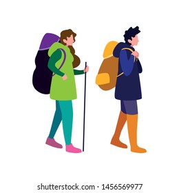 man and woman with backpack and stick hiking traveler