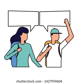 man and woman with backpack talk bubble vector illustration