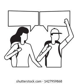 man and woman with backpack talk bubble vector illustration