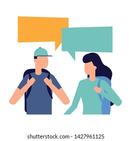 man and woman with backpack talk bubble vector illustration