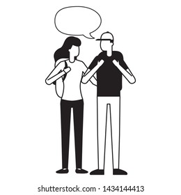 man and woman with backpack talking bubble vector illustration