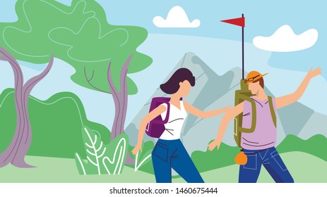 Man and Woman Backpackers with Flag Deciding what Way to Choose, Enjoying Nature View, Travelers Hiking on Adventure Vacation. Tourists Walking Route Outdoors, Sport Cartoon Flat Vector Illustration