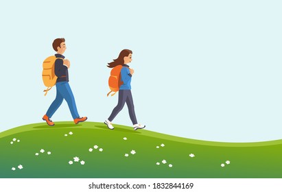 Man and woman with backpacks in nature. They walk with a smile on the green grass. Hiking and active lifestyle concept. Vector cartoon illustration.