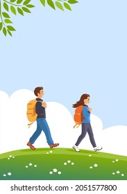 Man and woman with backpacks in nature. They walk with a smile on the green grass. Hiking and active lifestyle concept. Vector cartoon illustration poster