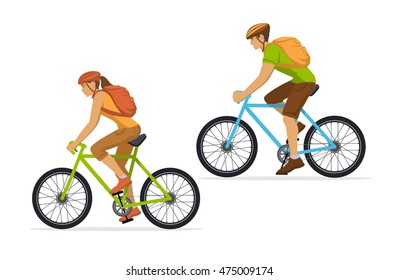 Man and Woman with backpacks traveling on mountain bikes. Couple outdoor cycling workout