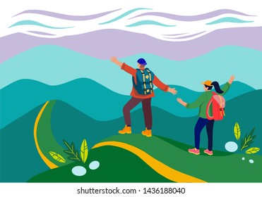 Man and woman with a backpacks travellers or explorers standing on top of mountain. Concept of discovery, exploration, hiking, adventure tourism and travel. Flat vector illustration.