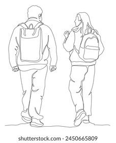 Man and woman with backpacks walking away. Tourists season. Rear view. Continuous line drawing. Black and white vector illustration in line art style.