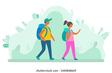 Man and woman with backpacks walking on background of green leaves and bushes. Vector cartoon people on hiking or camping tour, male and female in touristic hike