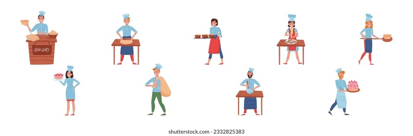 Man and Woman Baker Character in Apron and Toque Baking Bread and Pastry Vector Set