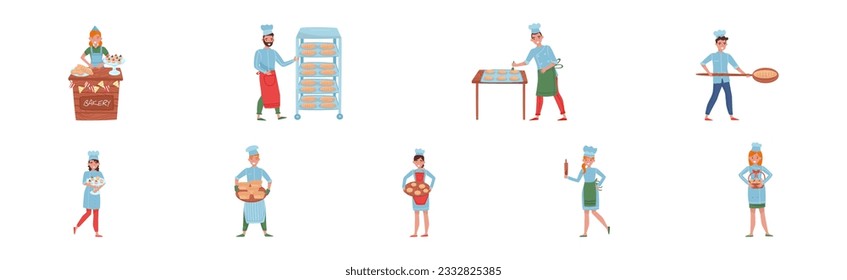 Man and Woman Baker Character in Apron and Toque Baking Bread and Pastry Vector Set