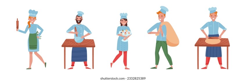 Man and Woman Baker Character in Apron and Toque Baking Bread and Pastry Vector Set