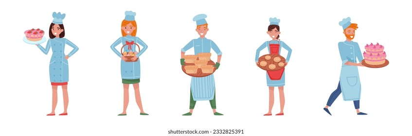 Man and Woman Baker Character in Apron and Toque Baking Bread and Pastry Vector Set