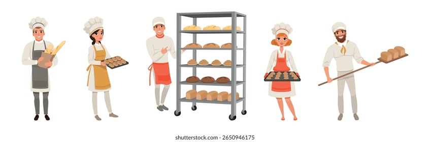 Homem e mulher Baker personagem panificação conjunto de vetor de pão