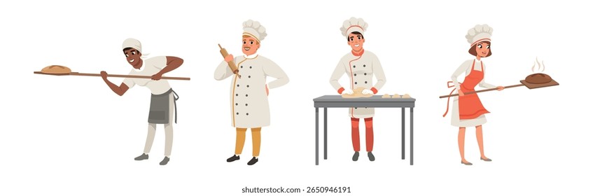 Homem e mulher Baker personagem panificação conjunto de vetor de pão