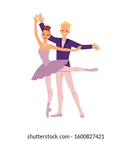 Man and Woman, ballet dancers cartoon characters in costumes, flat vector illustration isolated on white background. Ballet show actors in beautiful graceful pose.