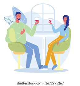 Man and Woman in Bar Flat Vector Illustration. Boyfriend and Girlfriend Enjoying Red Wine, Having Romantic Date, Restaurant Dinner. Male and Female Cartoon Characters Chatting, Couple Dating