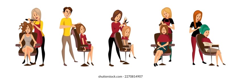 Man and Woman Barber and Hairdresser Cutting and Doing Hair Vector Illustration Set