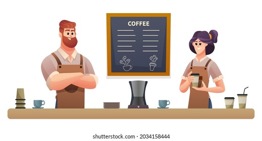 Man and woman baristas working at coffee shop illustration