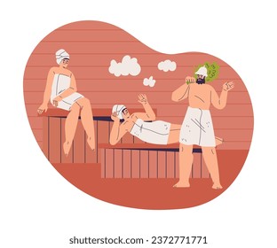 Man and Woman Bathing in Sauna and Taking Steam Bath Vector Illustration