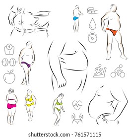 A man and a woman in bathing suits, overweight. Set of color vector illustrations on the subject of excess weight in men and women. Icons on the subject of excess weight, medicine.