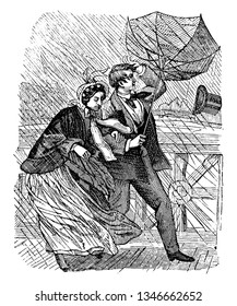 A man and woman battling against a rainstorm, vintage line drawing or engraving illustration