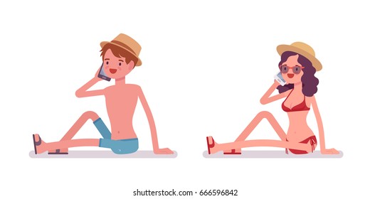 Man and woman in a beachwear and hat, relaxing, sunbathing, enjoying summer vacation season, talking on phone. Vector flat style cartoon illustration, isolated, white background