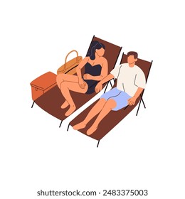 Man and woman in beachwear lounge on deck chairs together. Couple in swimsuits sunbathing on beach. Happy people relax on summer holidays, sea vacations. Flat isolated vector illustration on white