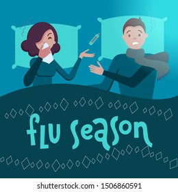 Man And Woman In Bed At Night. Husband And Wife Got The Flu Or Cold. Sick At Home Lie Under The Blanket. Virus Infection. Allergy. Vector Flat Cartoon Illustration.