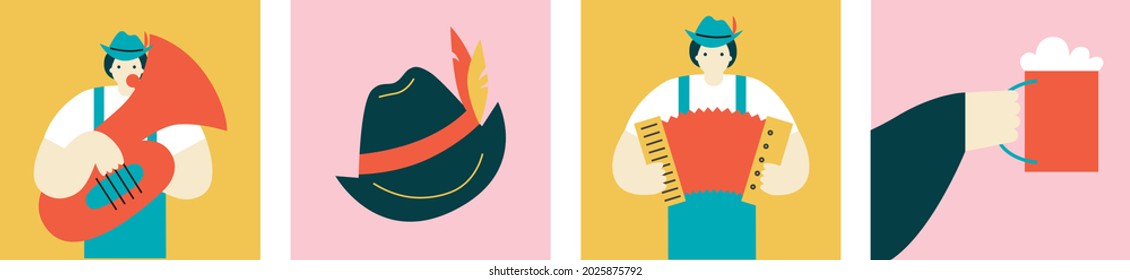 Man and woman, beer mugs. Abstract flat vector illustration. Oktoberfest poster. Vector Germany icon set. Set of Oktoberfest vector design elements. Vector EPS 10. Clip art Oktoberfest.